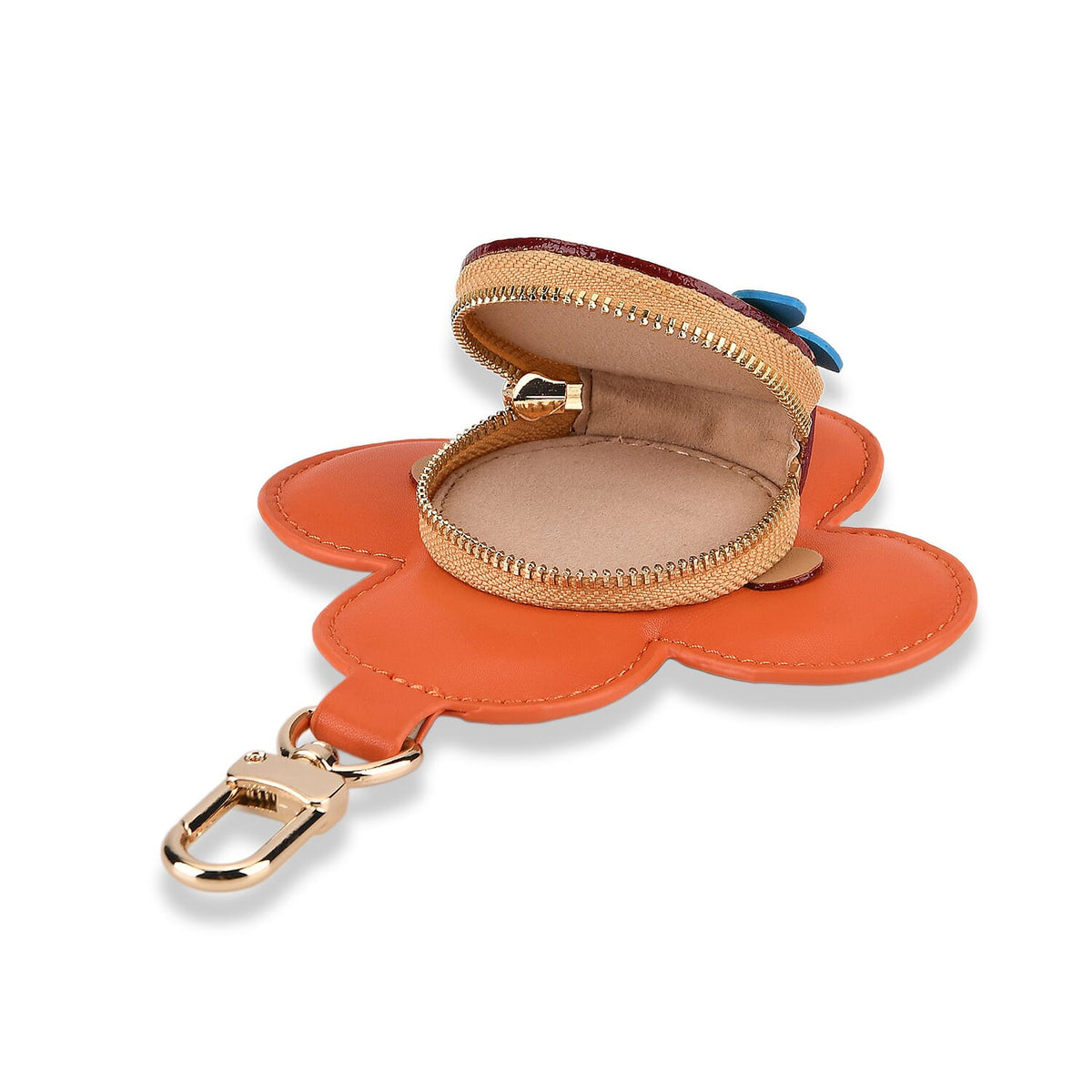 Genuine Leather Flower Keychain Bag Charm - Zipped Mini Coin Purse - Orange &amp; Khaki V32512807 5