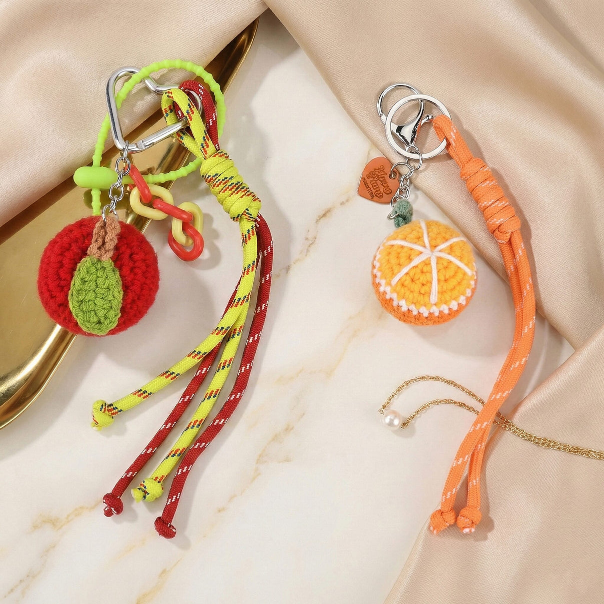 Set of 2 Crochet Fruit Charms Keychain - Orange &amp; Red V32363314 2