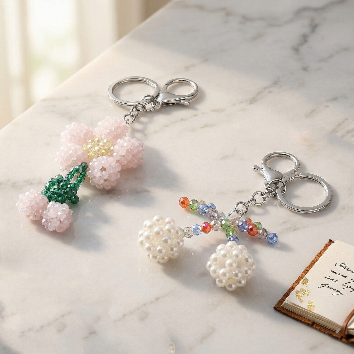 Set of 2 - Beaded Pink Flower &amp; Multicolour Cherry Design Key Chains (12cm) 8414462 2