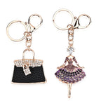 Set of 2 Austrian Crystal Sparkling Ballet Girl & Handbag Keychains- Charms - Purple