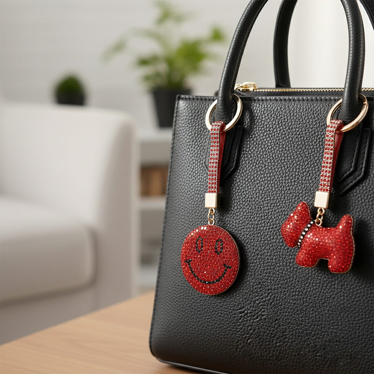 Designer Inspired - Set of 2 Sparkling Dog and Smiling Face Keychain-Bag Charm - Red V32356821 2