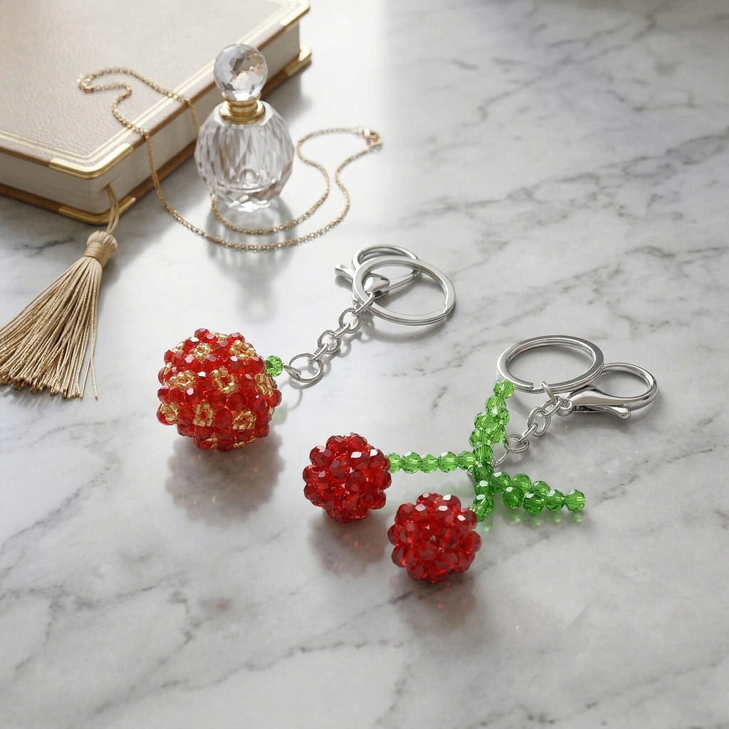 Set of 2 - Beaded Strawberry & Cherry Design Key Chains (12cm) - Red