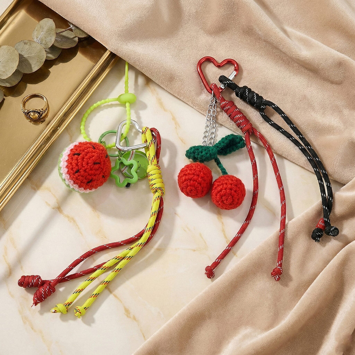 Set of 2 Crochet Fruit Charms Keychain - Red &amp; Green V32350134 2