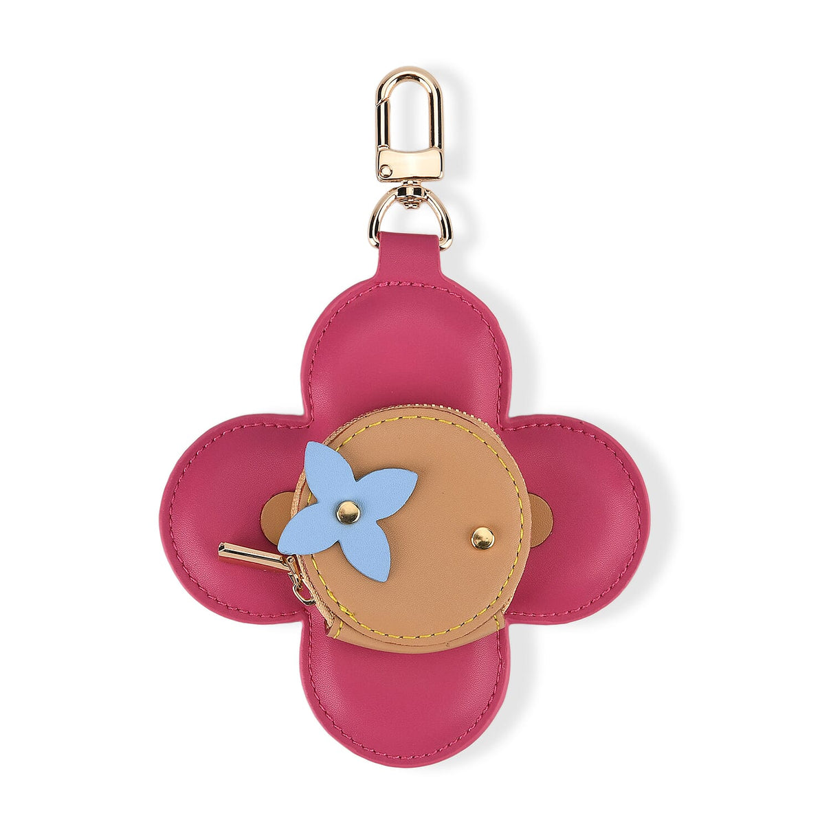 Genuine Leather Flower Keychain Bag Charm - Zipped Mini Coin Purse - Pink &amp; Khaki V32514554 0