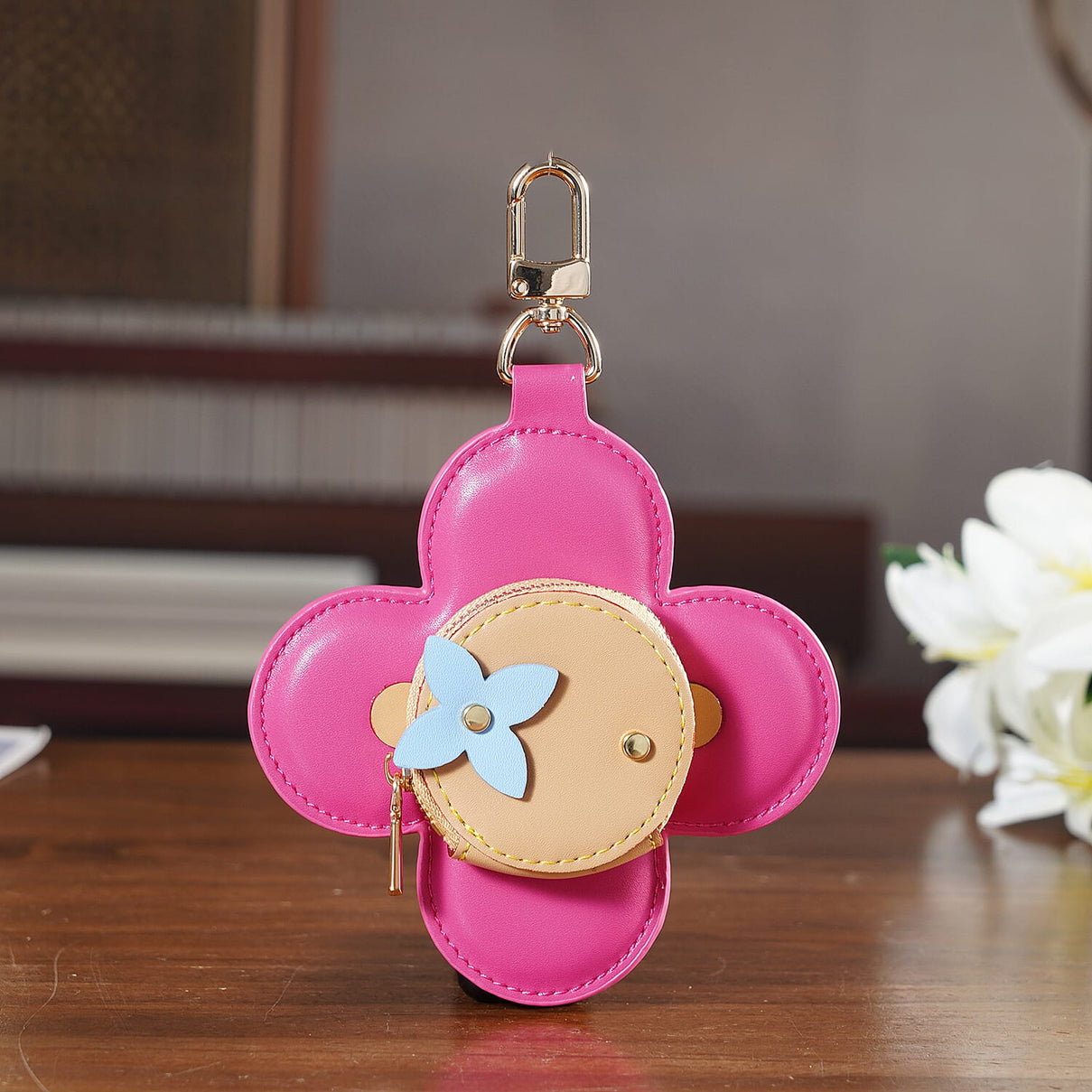 Genuine Leather Flower Keychain Bag Charm - Zipped Mini Coin Purse - Pink &amp; Khaki V32514554 2