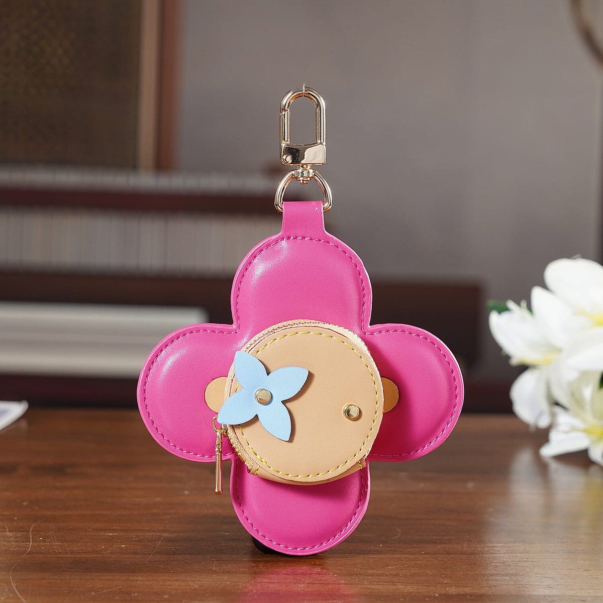 Genuine Leather Flower Keychain Bag Charm - Zipped Mini Coin Purse - Pink &amp; Khaki V32514554 2
