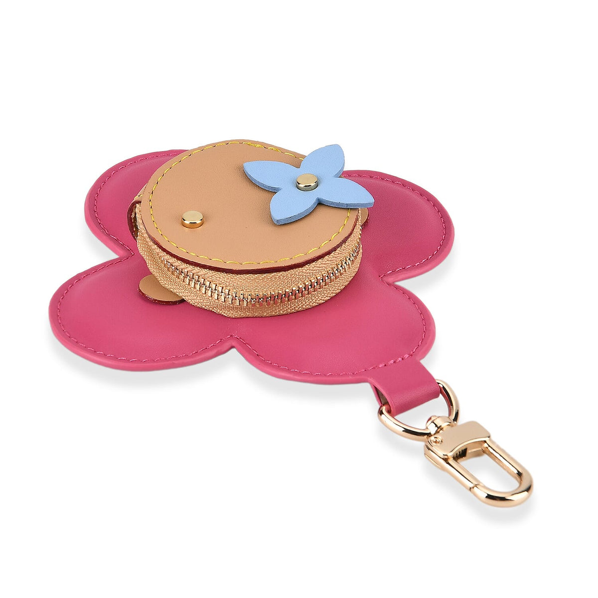 Genuine Leather Flower Keychain Bag Charm - Zipped Mini Coin Purse - Pink &amp; Khaki V32514554 4