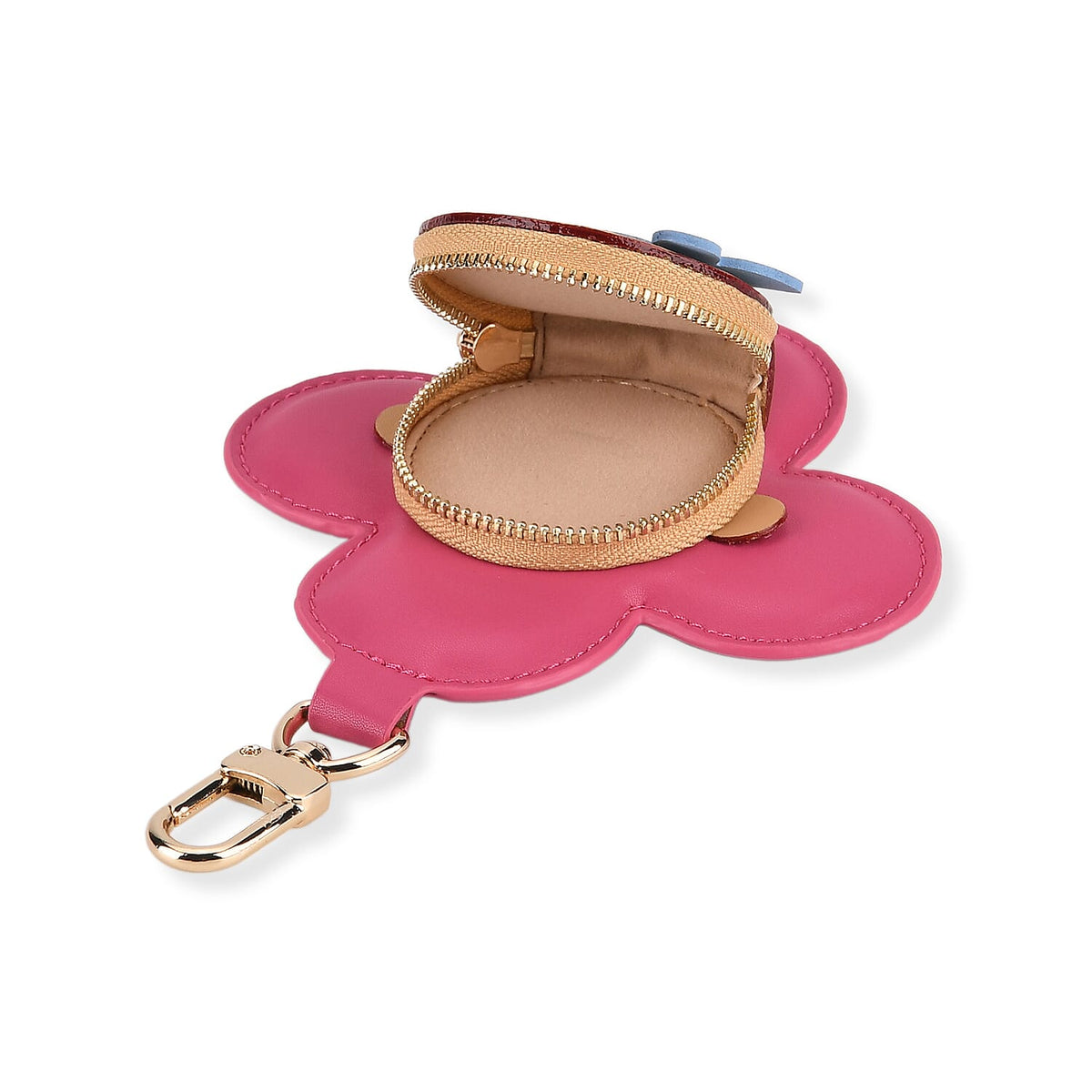 Genuine Leather Flower Keychain Bag Charm - Zipped Mini Coin Purse - Pink &amp; Khaki V32514554 5