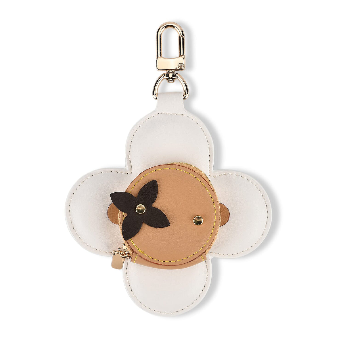 Genuine Leather Flower Keychain Bag Charm - Zipped Mini Coin Purse - White &amp; Khaki V32514546 0