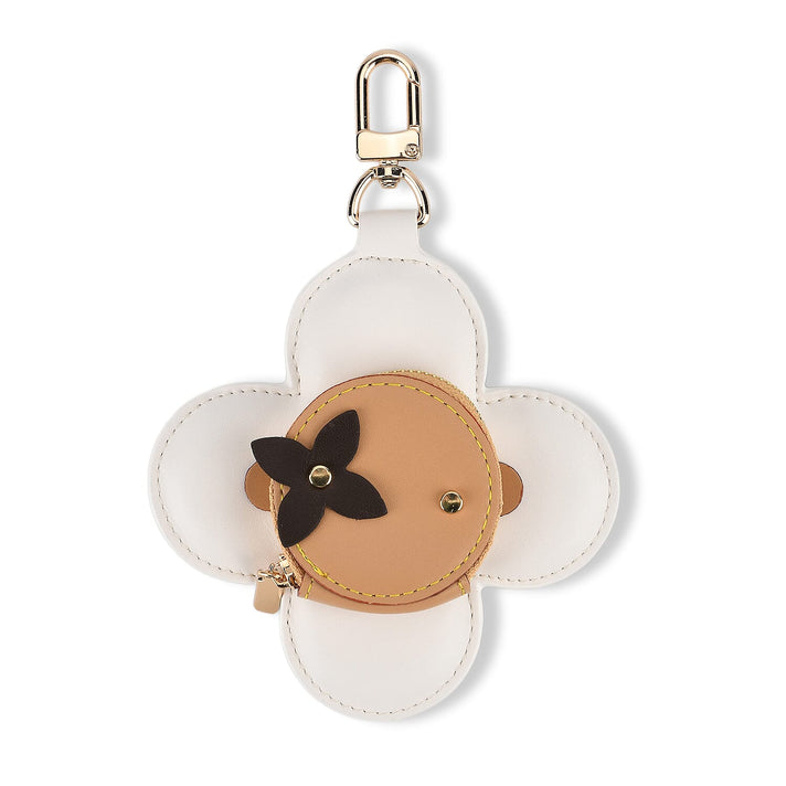 Genuine Leather Flower Keychain Bag Charm - Zipped Mini Coin Purse - White &amp; Khaki V32620347 1