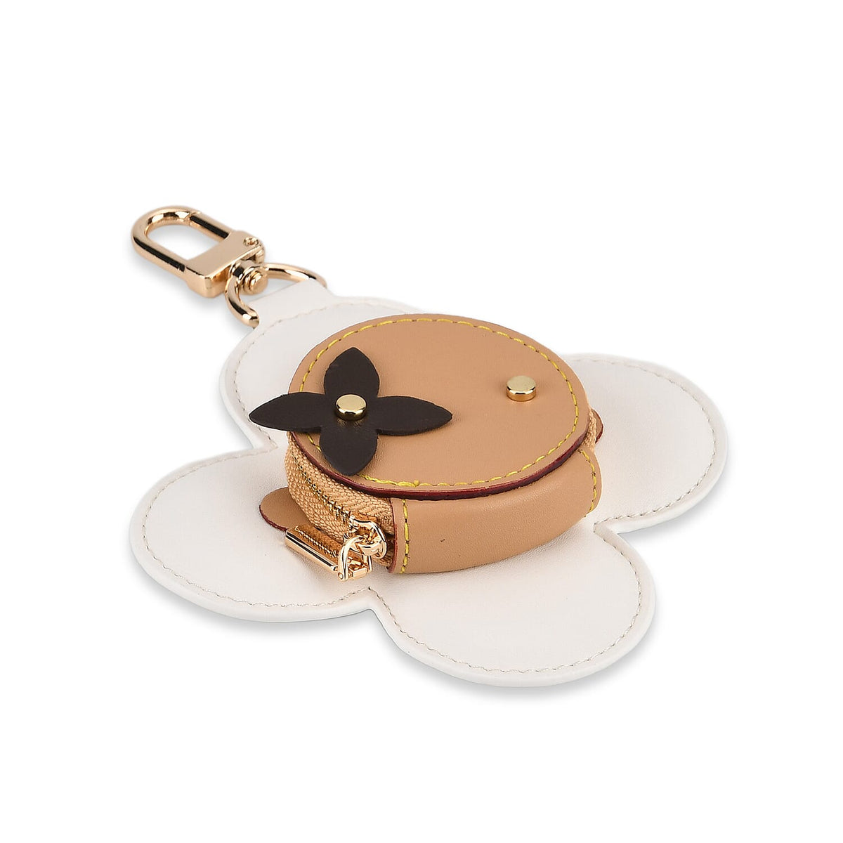 Genuine Leather Flower Keychain Bag Charm - Zipped Mini Coin Purse - White &amp; Khaki V32514546 3