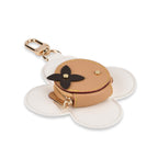 Genuine Leather Flower Keychain Bag Charm - Zipped Mini Coin Purse - White & Khaki