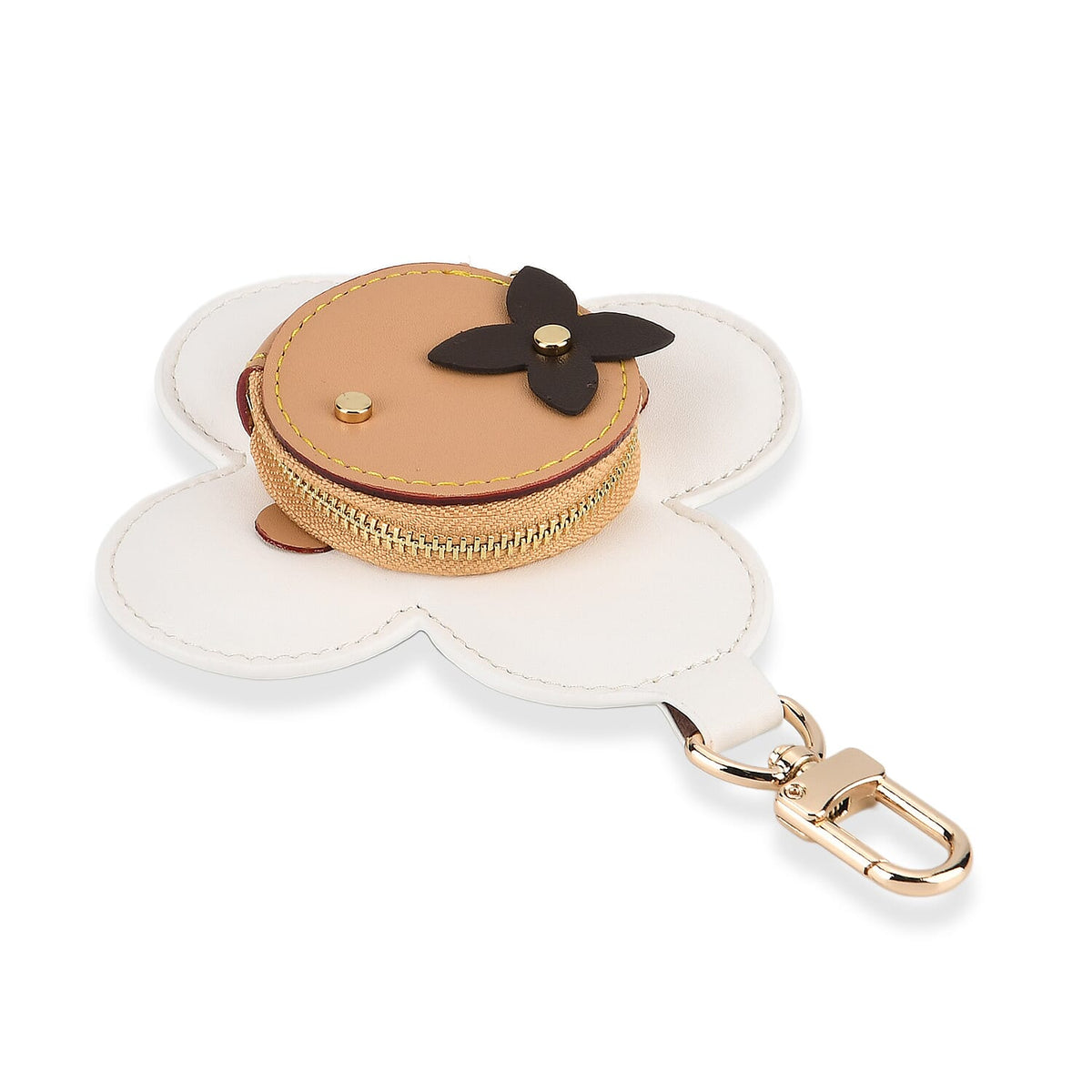 Genuine Leather Flower Keychain Bag Charm - Zipped Mini Coin Purse - White &amp; Khaki V32514546 4