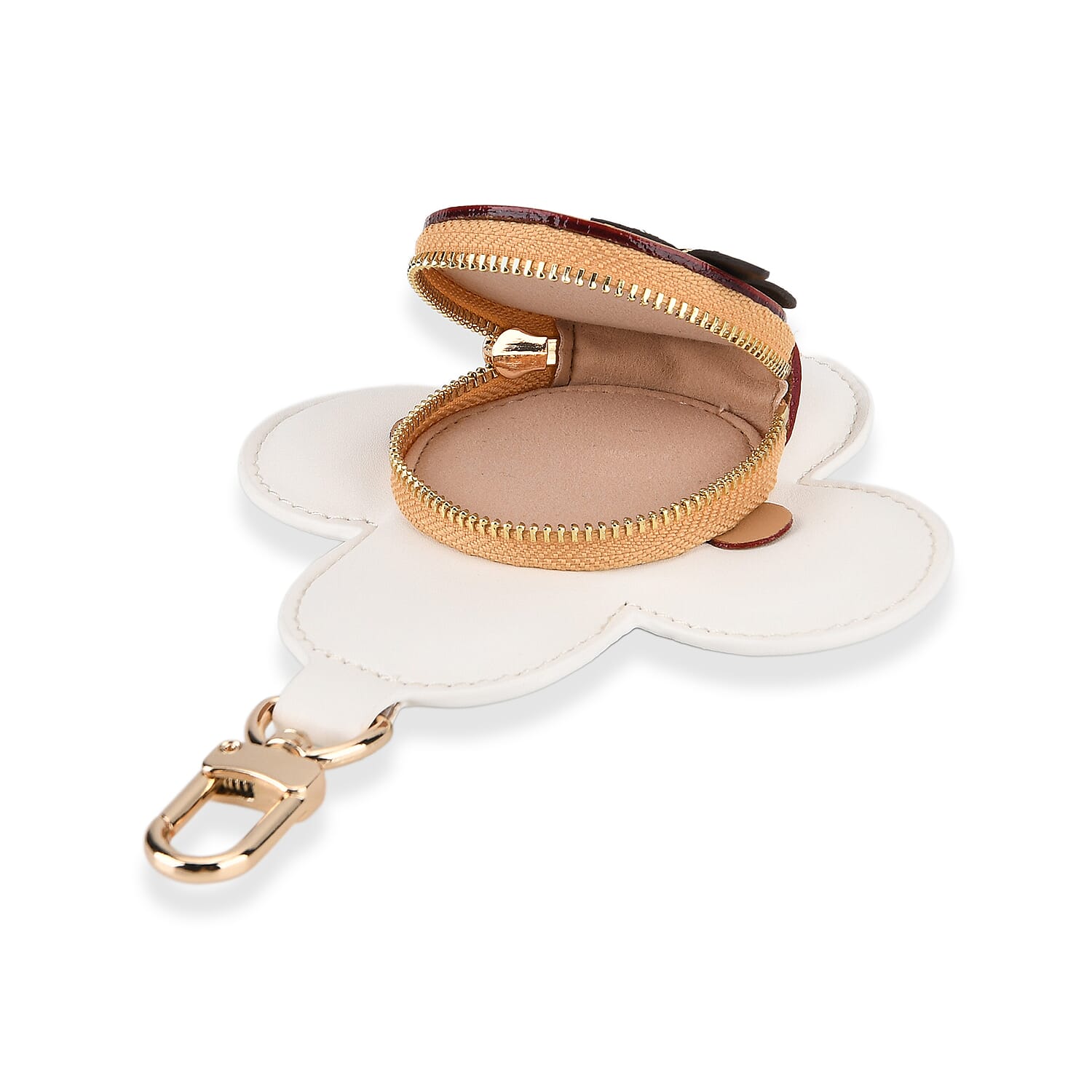 Genuine Leather Flower Keychain Bag Charm - Zipped Mini Coin Purse - White &amp; Khaki V32514546 5