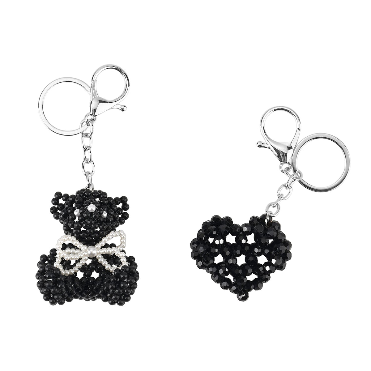 Set of 2 - Beaded Bear &amp; Heart Design Key Chains (12cm) - White &amp; Black V32515995 0