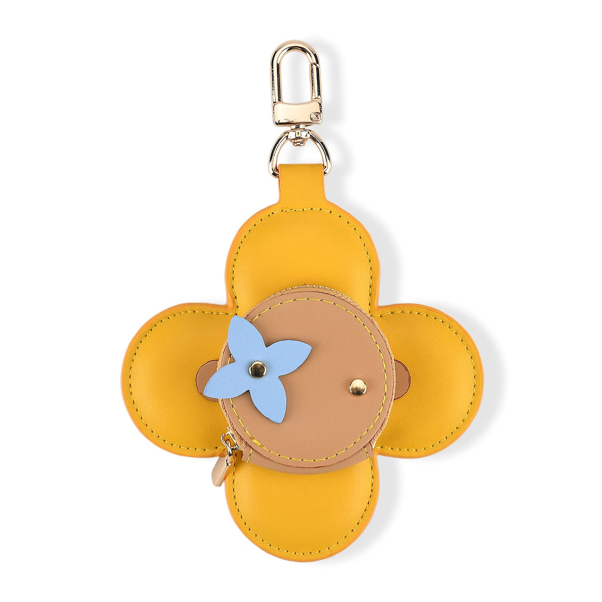 Genuine Leather Flower Keychain Bag Charm - Zipped Mini Coin Purse - Yellow &amp; Khaki V32490128 0