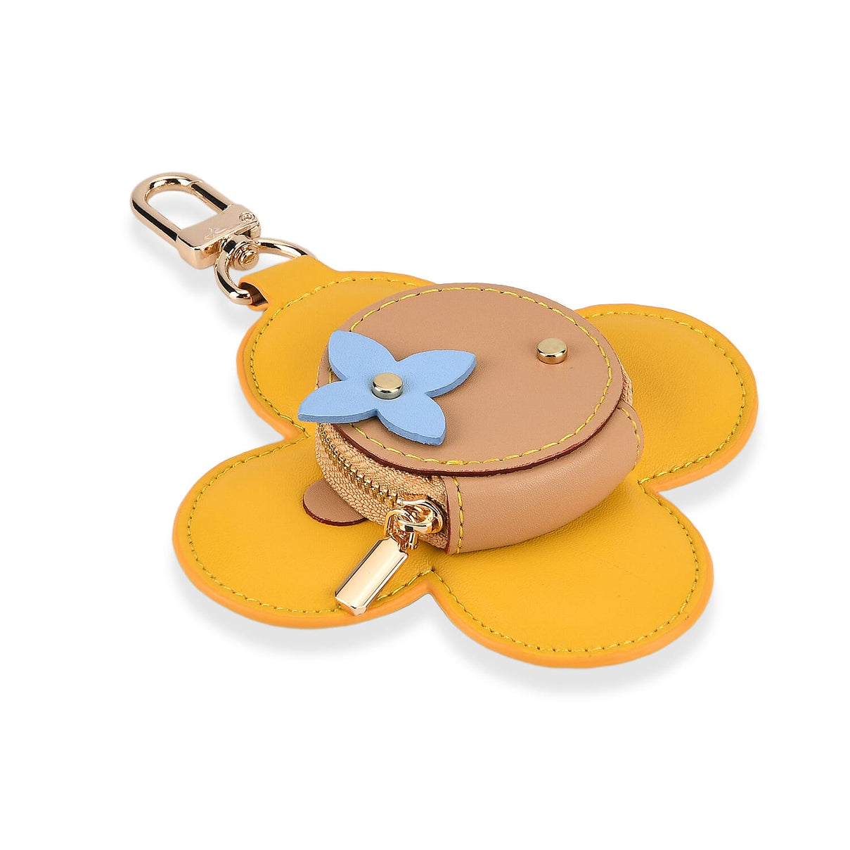 Genuine Leather Flower Keychain Bag Charm - Zipped Mini Coin Purse - Yellow &amp; Khaki V32490128 3