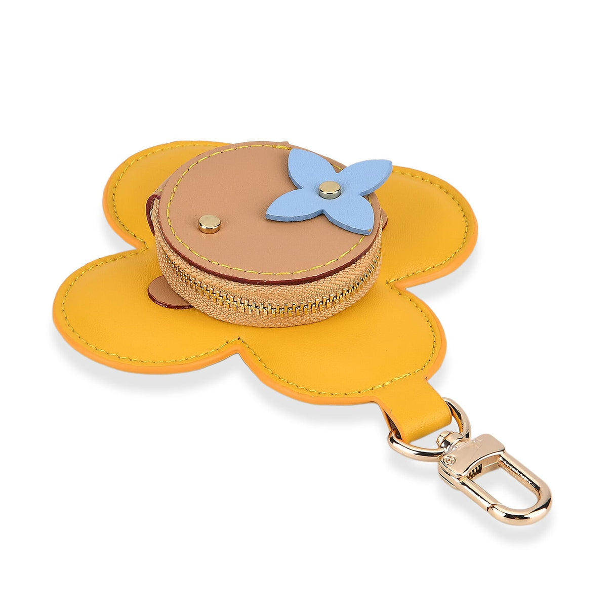 Genuine Leather Flower Keychain Bag Charm - Zipped Mini Coin Purse - Yellow &amp; Khaki V32490128 4
