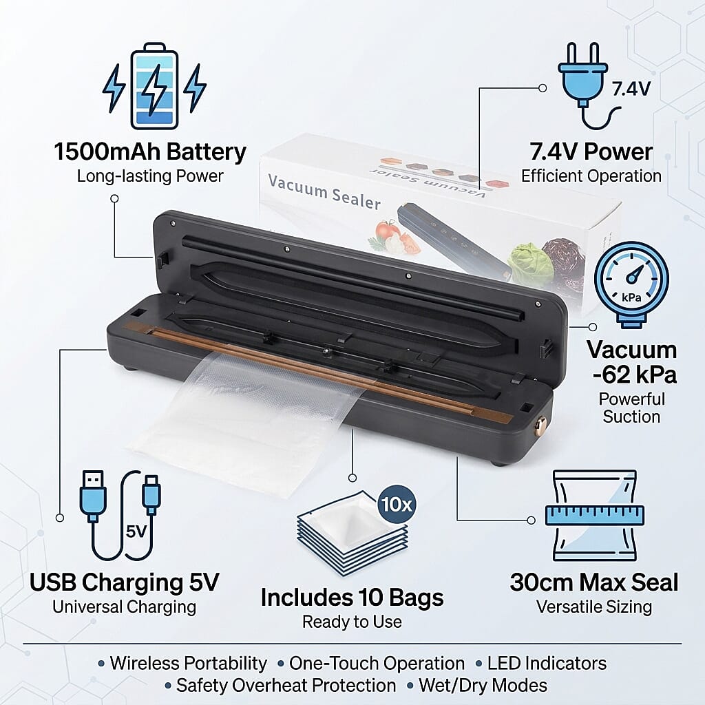 Rechargeable Vacuum Sealing Machine (1500 mAh) with 10 Bags - Black V32513926 6