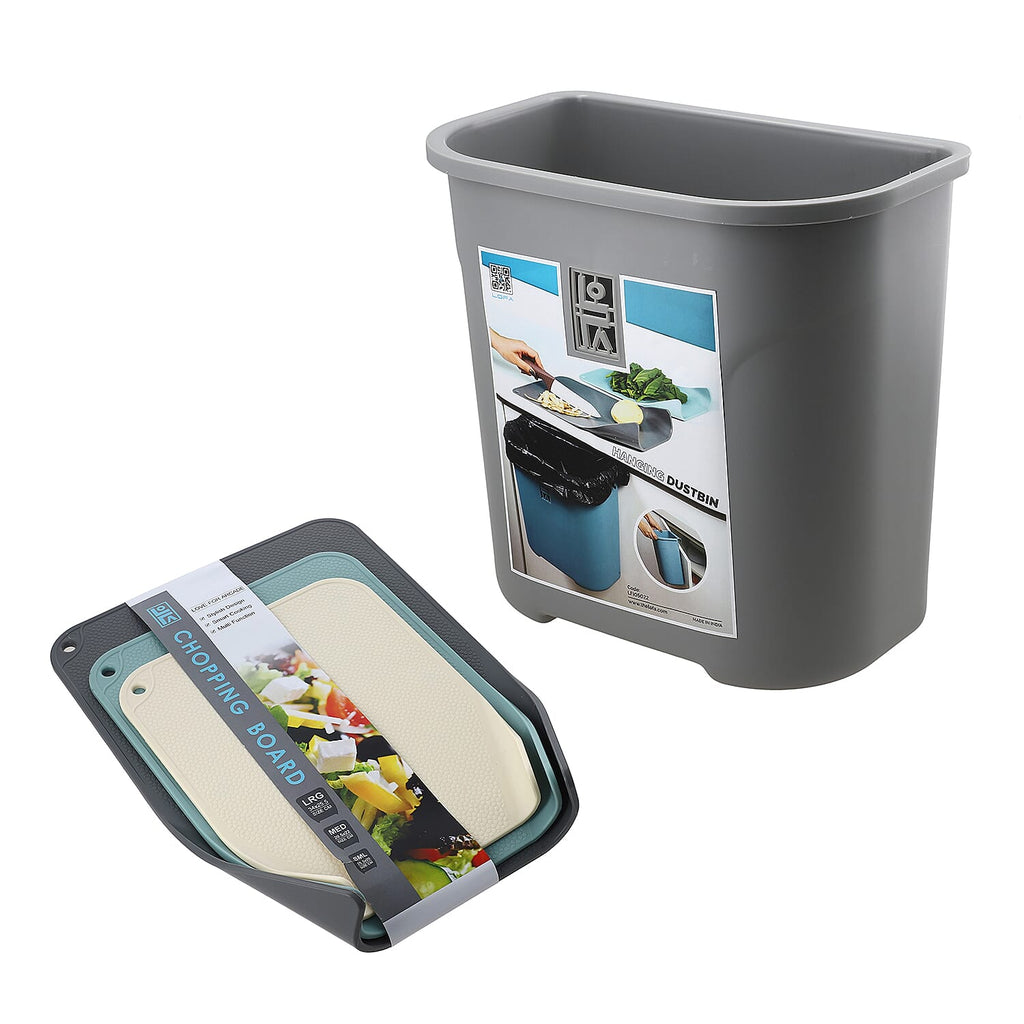 4 Piece Set - Lightweight Hanging Cabinet Garbage Bin with Chopping Board - Grey