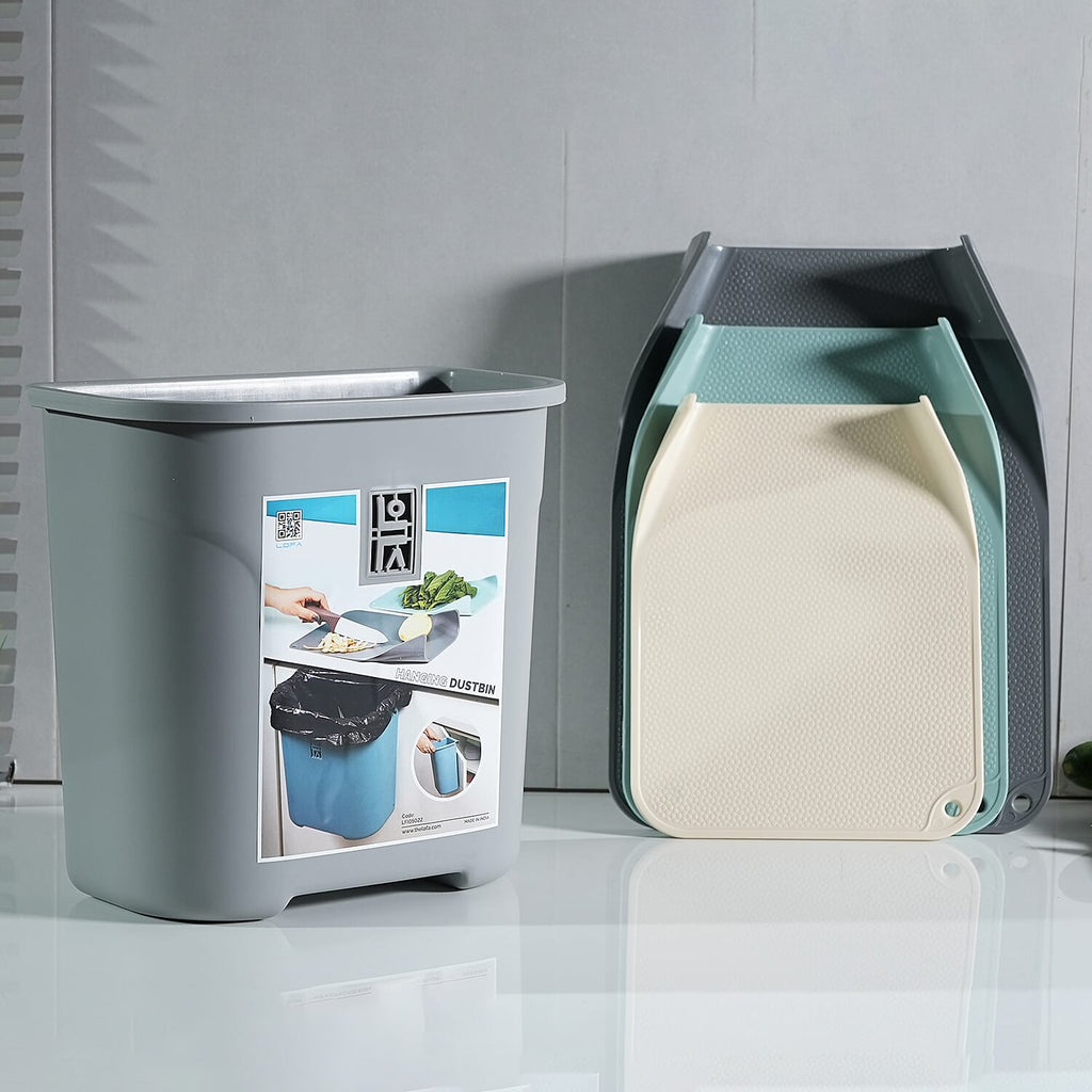 4 Piece Set - Lightweight Hanging Cabinet Garbage Bin with Chopping Board - Grey