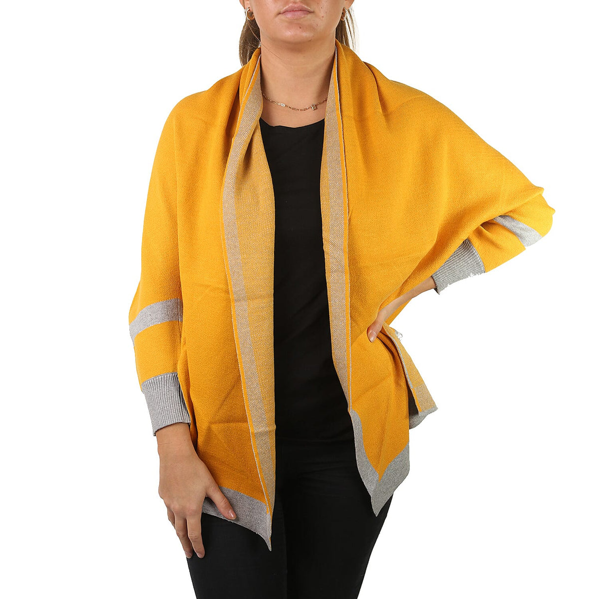 Kris Ana Longline Border Women's Cardigan - Mustard and Grey 6900585 1