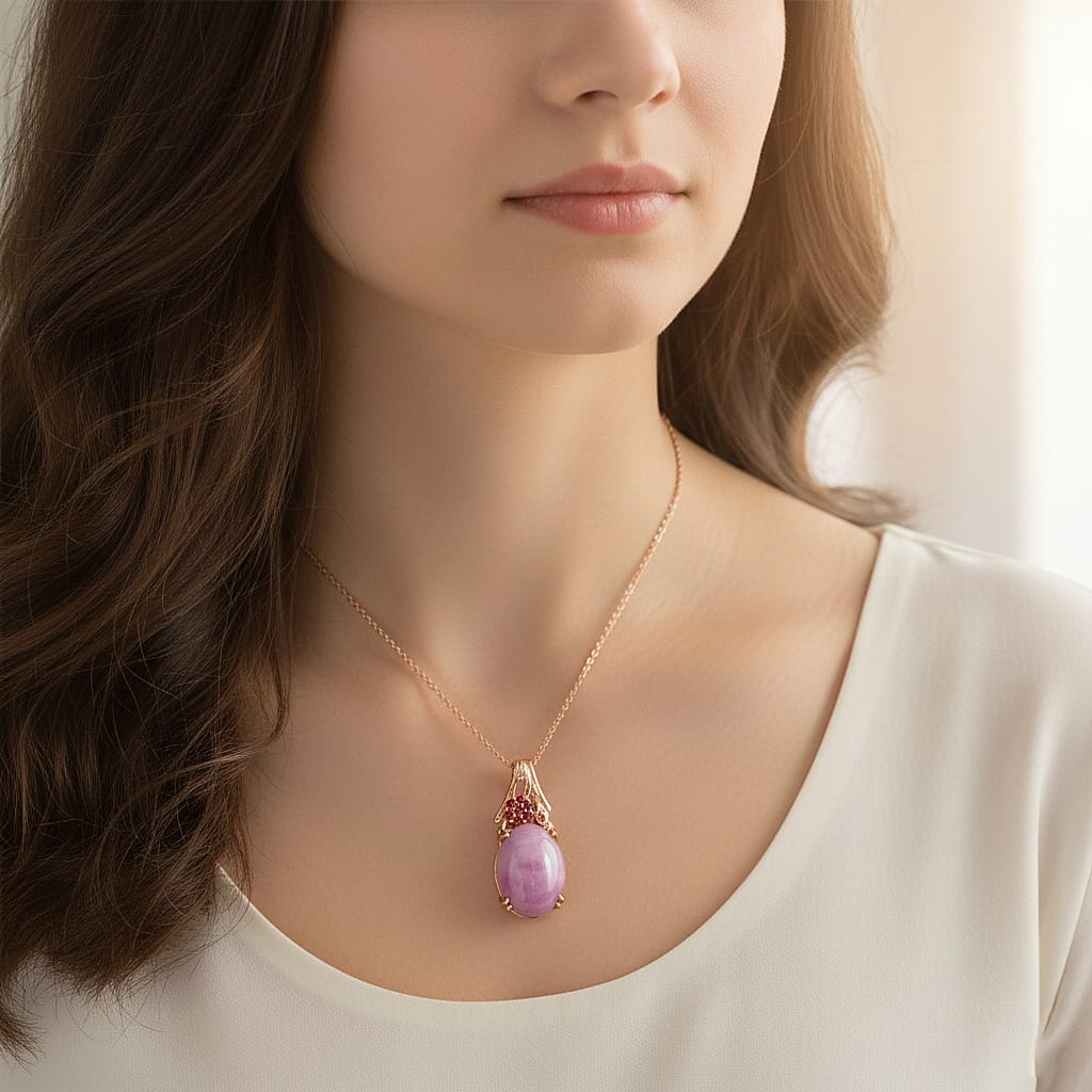 D'Joy Natural Kunzite &amp; Orissa Rose Garnet Solitaire Drop Pendant with Chain (Size 20) in Rose Gold Plated Sterling Silver 15.67 Ct. 4453998 2