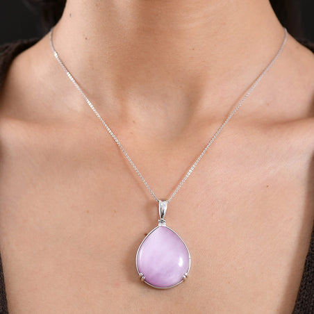 Rare Size Natural Kunzite Pear Cut Solitaire Pendant with Chain (Size 20) in Rhodium Overlay Sterling Silver 54.15 Ct. 4453847 2