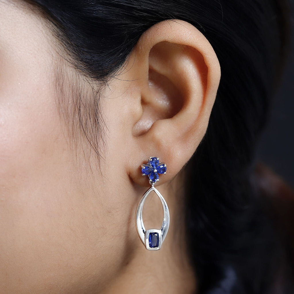 Kyanite Floral Dangle Earrings in Platinum Overlay Sterling Silver 3.17 Ct.