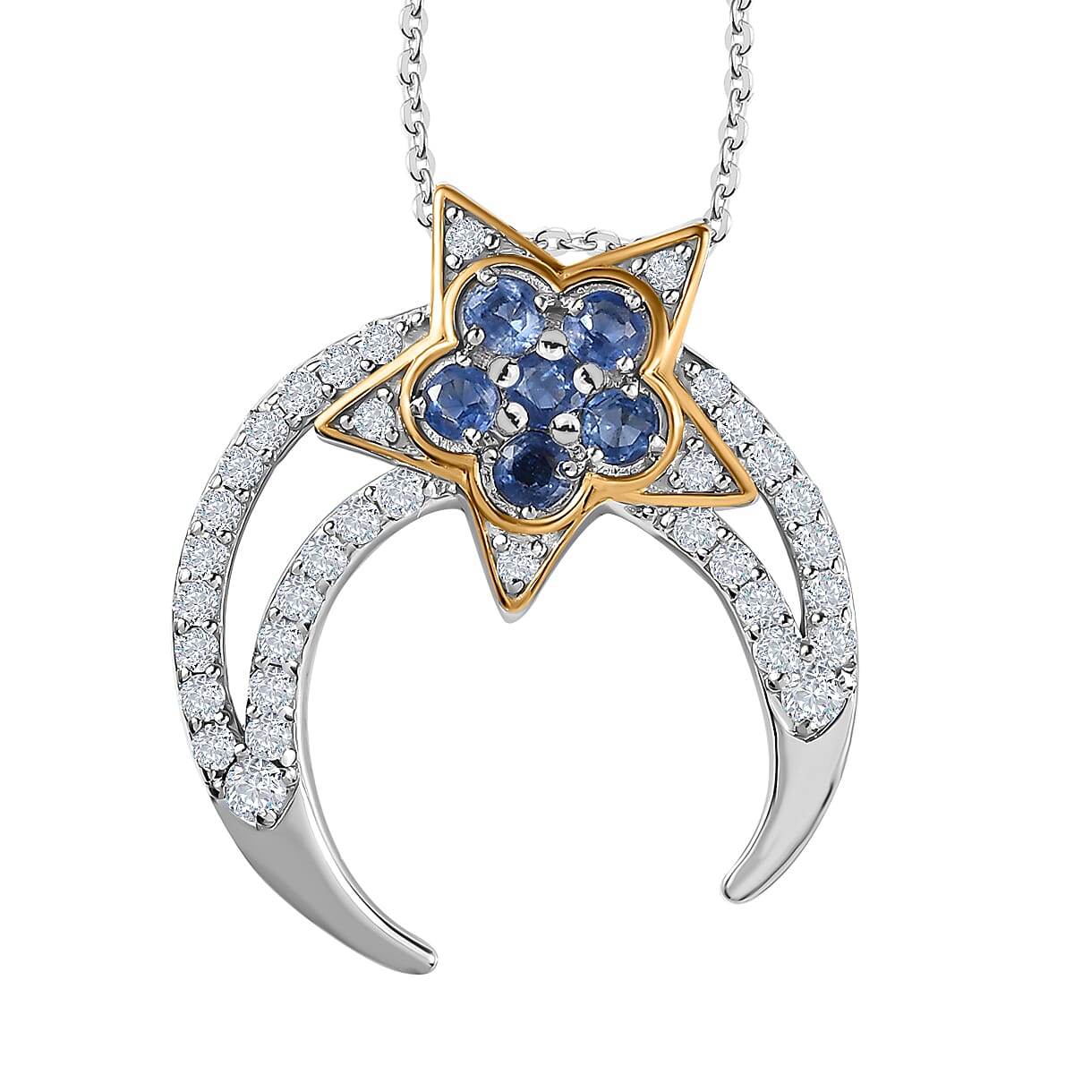 GP Celestial Dream Collection - Kyanite &amp; Moissanite Pendant with Chain (Size 20) in 18K Vermeil YG &amp; Platinum Plated Sterling Silver 2.64 Ct, Silver Wt. 6.68 4229217 0
