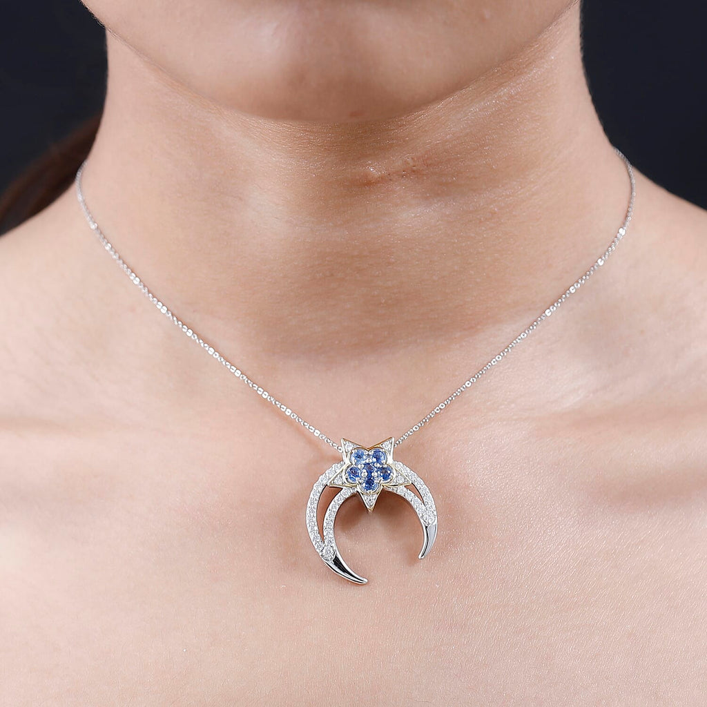 GP Celestial Dream Collection - Kyanite & Moissanite Pendant with Chain (Size 20) in 18K Vermeil YG & Platinum Plated Sterling Silver 2.64 Ct, Silver Wt. 6.68