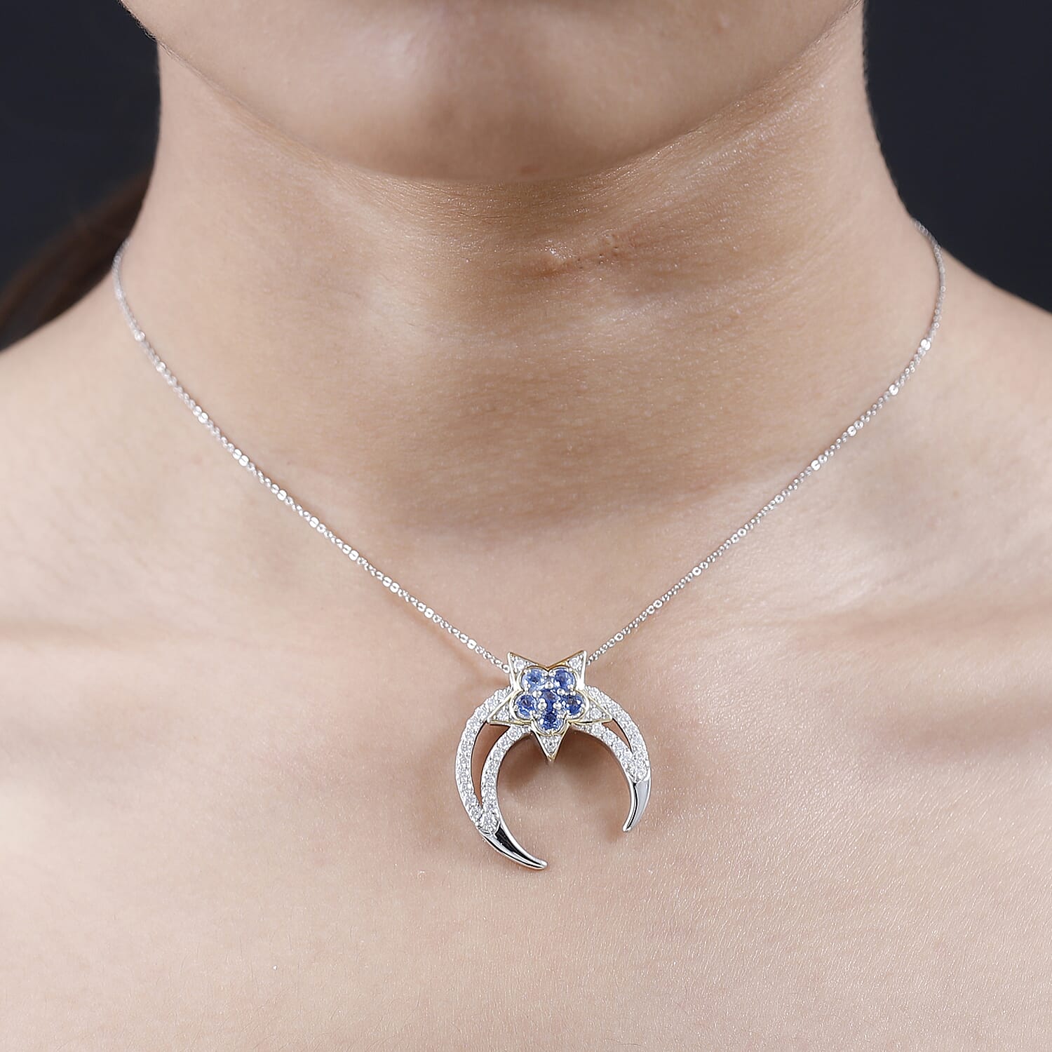 GP Celestial Dream Collection - Kyanite &amp; Moissanite Pendant with Chain (Size 20) in 18K Vermeil YG &amp; Platinum Plated Sterling Silver 2.64 Ct, Silver Wt. 6.68 4229217 1
