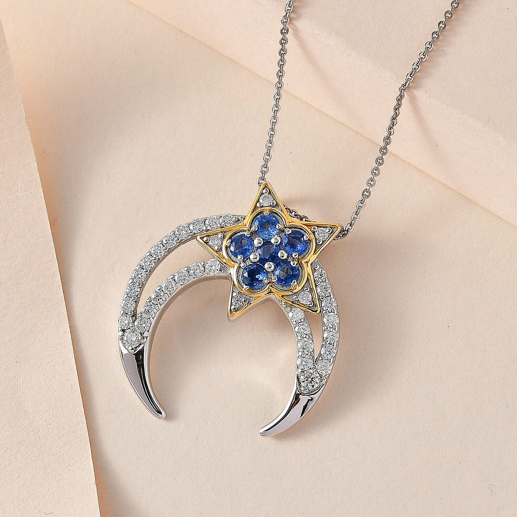 GP Celestial Dream Collection - Kyanite & Moissanite Pendant with Chain (Size 20) in 18K Vermeil YG & Platinum Plated Sterling Silver 2.64 Ct, Silver Wt. 6.68