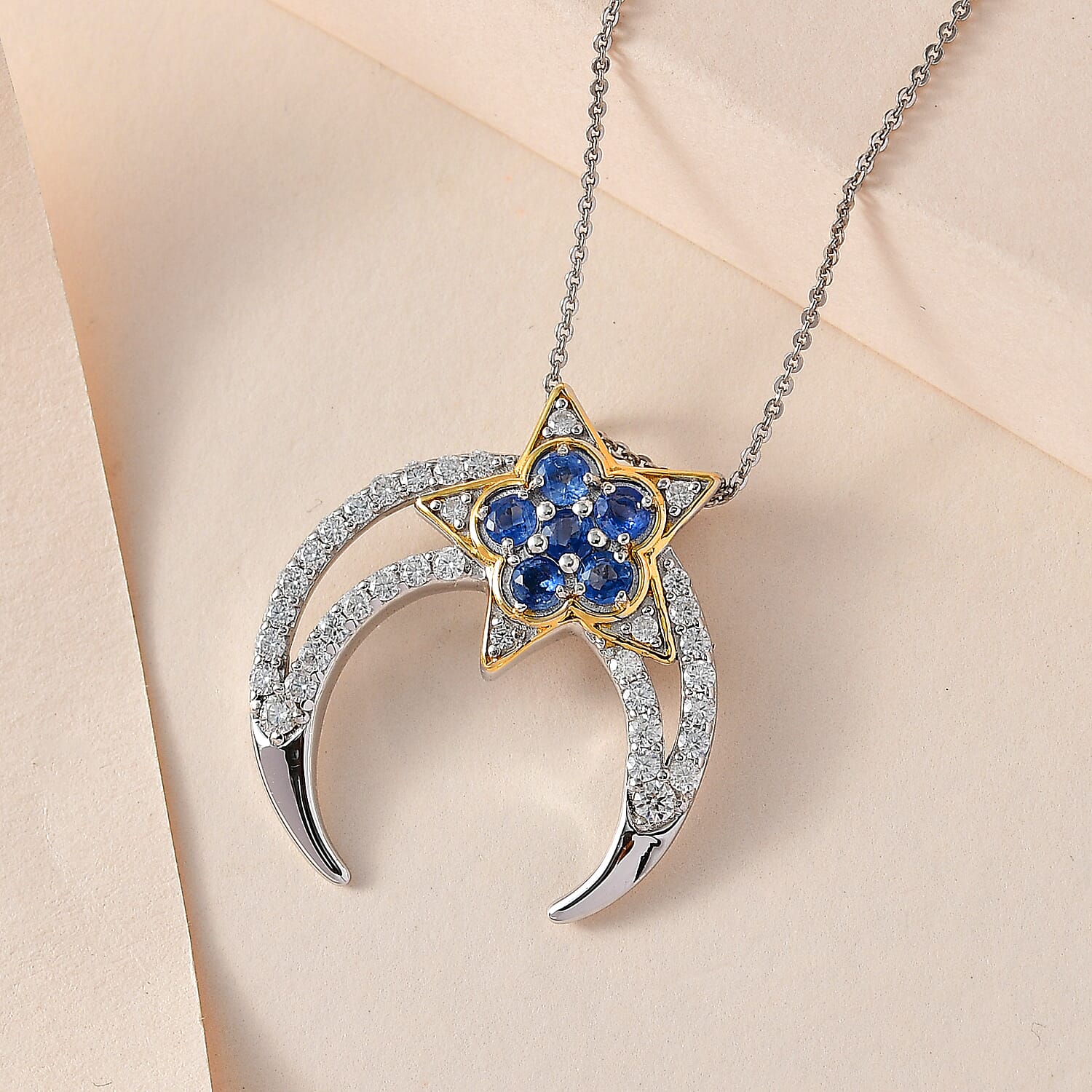 GP Celestial Dream Collection - Kyanite &amp; Moissanite Pendant with Chain (Size 20) in 18K Vermeil YG &amp; Platinum Plated Sterling Silver 2.64 Ct, Silver Wt. 6.68 4229217 2