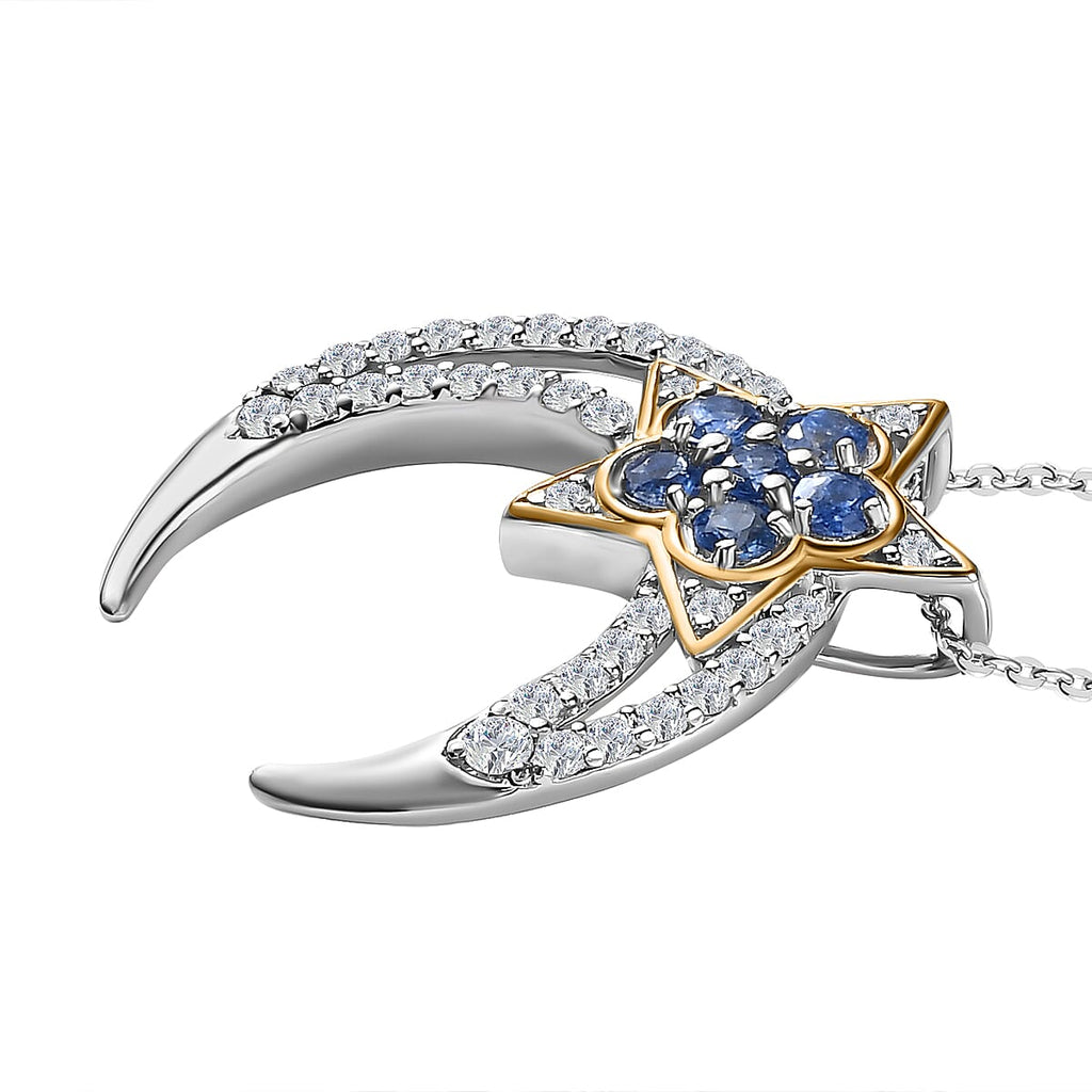 GP Celestial Dream Collection - Kyanite & Moissanite Pendant with Chain (Size 20) in 18K Vermeil YG & Platinum Plated Sterling Silver 2.64 Ct, Silver Wt. 6.68