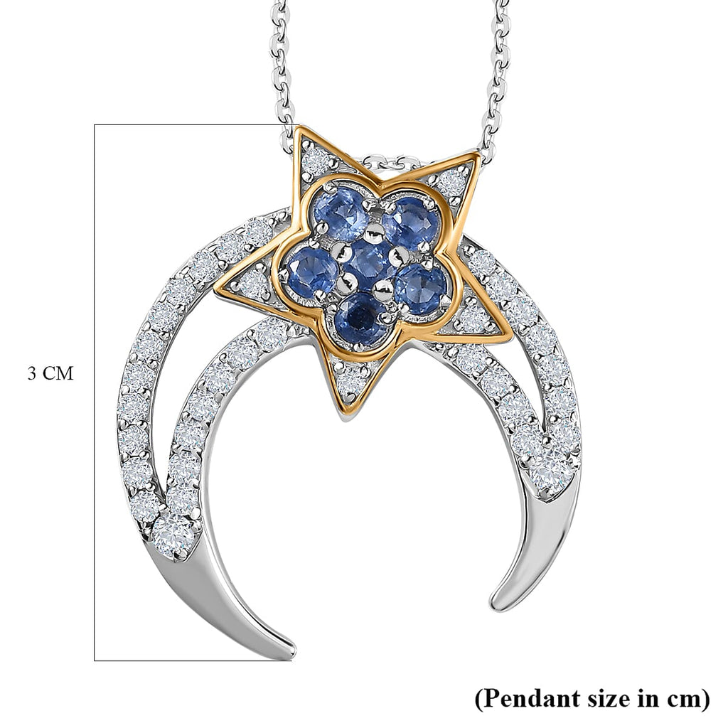 GP Celestial Dream Collection - Kyanite & Moissanite Pendant with Chain (Size 20) in 18K Vermeil YG & Platinum Plated Sterling Silver 2.64 Ct, Silver Wt. 6.68