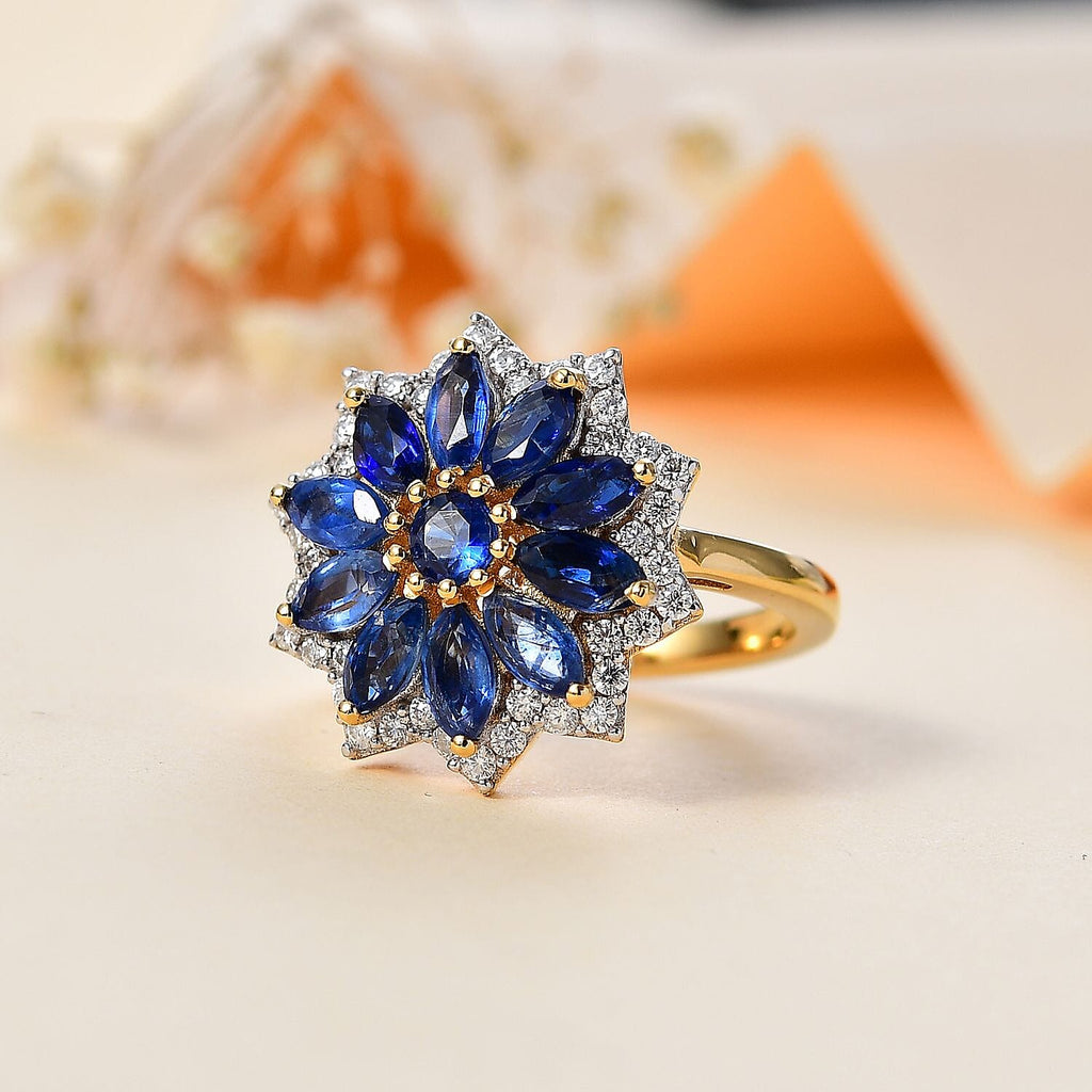 Kyanite & Moissanite Floral Halo Ring in 18K Vermeil Yellow Gold Plated Sterling Silver 2.93 Ct.