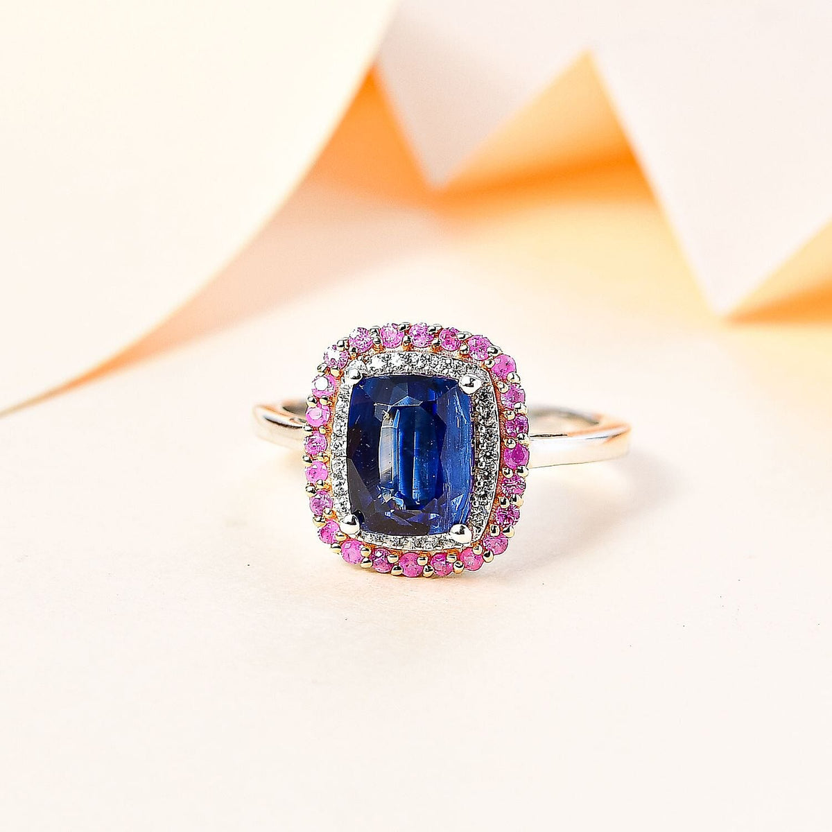 The Rare Find - Natural Kashmir Kyanite, Pink Sapphire and White Zircon Double Halo Ring in Platinum Overlay Sterling Silver 3.51 ct. 7774227 1