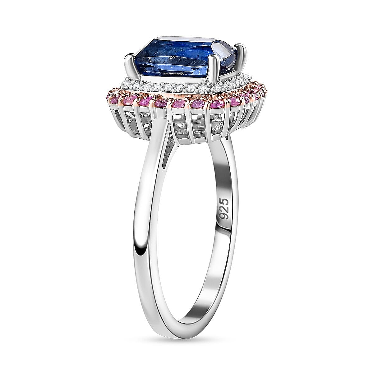 The Rare Find - Natural Kashmir Kyanite, Pink Sapphire and White Zircon Double Halo Ring in Platinum Overlay Sterling Silver 3.51 ct. 7774227 3