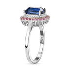 The Rare Find - Natural Kashmir Kyanite, Pink Sapphire & Natural Zircon Halo Ring in Platinum Overlay Sterling Silver 3.62 Ct .