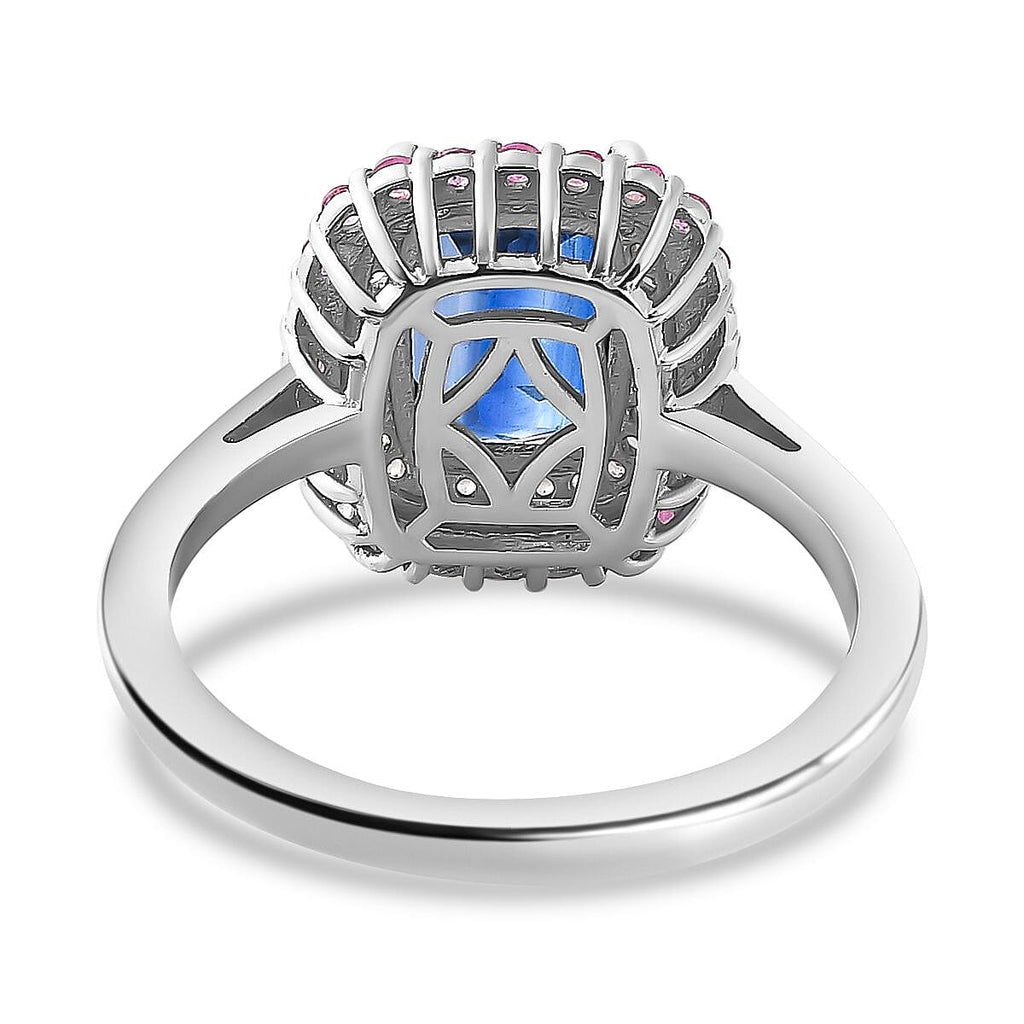 The Rare Find - Natural Kashmir Kyanite, Pink Sapphire & Natural Zircon Halo Ring in Platinum Overlay Sterling Silver 3.62 Ct .