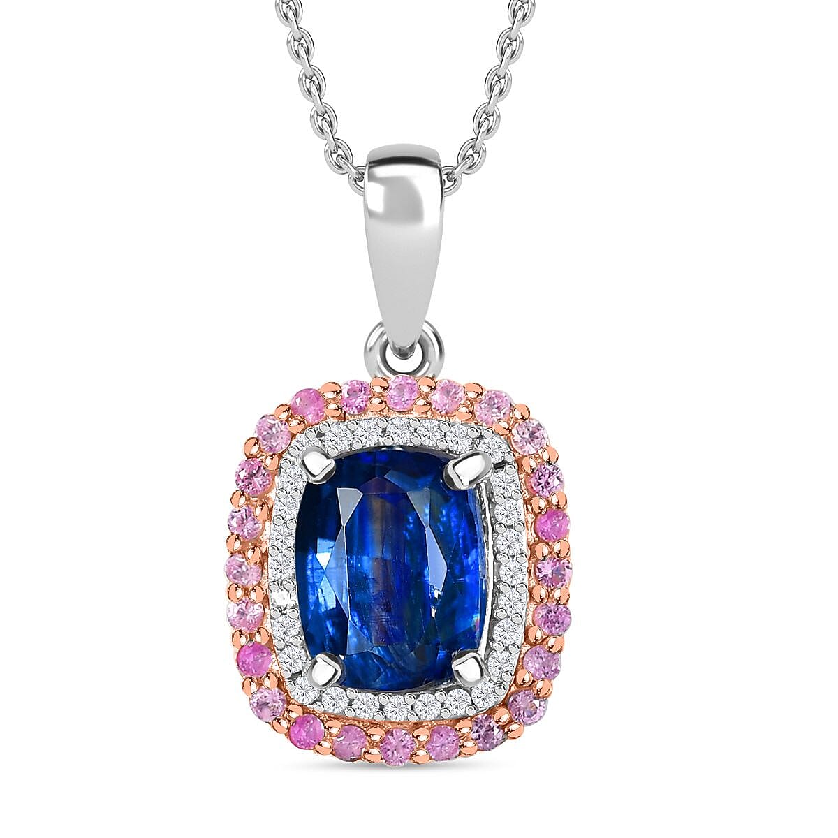 The Rare Find - Natural Kashmir Kyanite, Pink Sapphire and White Zircon Double Halo Pendant with Chain (Size 20) in Platinum Overlay Sterling Silver 0.76 ct  Silver Wt. 5.1 Gms  3.510  Ct. 4270064 0