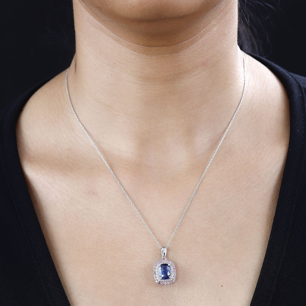 The Rare Find - Natural Kashmir Kyanite, Pink Sapphire and White Zircon Double Halo Pendant with Chain (Size 20) in Platinum Overlay Sterling Silver 0.76 ct  Silver Wt. 5.1 Gms  3.510  Ct. 4270064 1