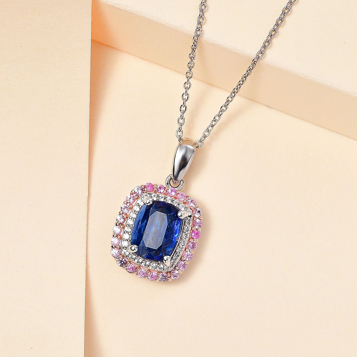 The Rare Find - Natural Kashmir Kyanite, Pink Sapphire and White Zircon Double Halo Pendant with Chain (Size 20) in Platinum Overlay Sterling Silver 0.76 ct  Silver Wt. 5.1 Gms  3.510  Ct. 4270064 2