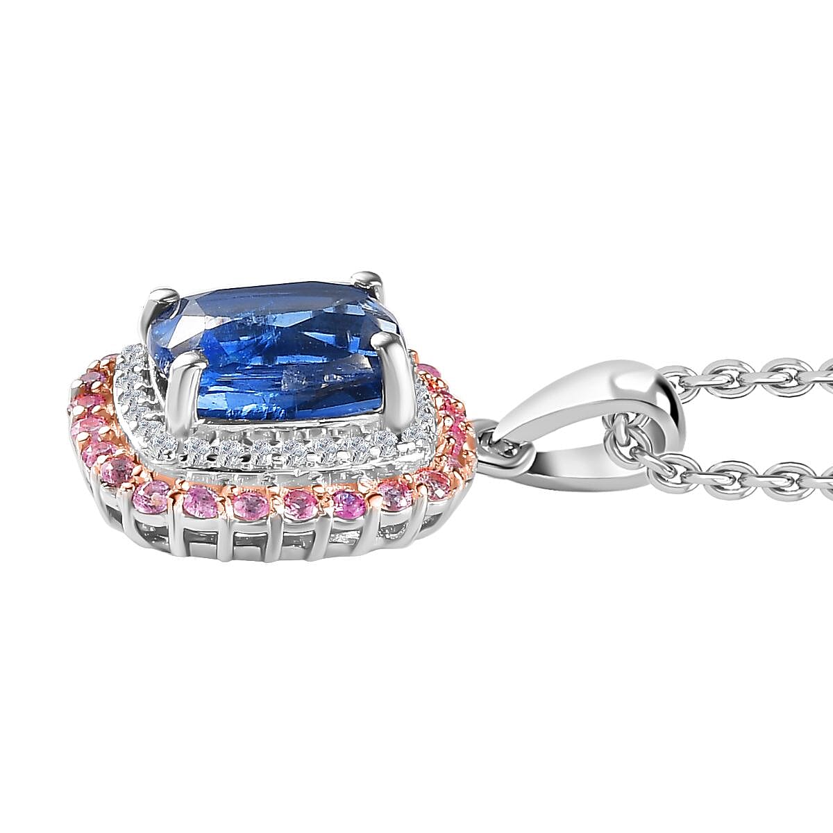 The Rare Find - Natural Kashmir Kyanite, Pink Sapphire and White Zircon Double Halo Pendant with Chain (Size 20) in Platinum Overlay Sterling Silver 0.76 ct  Silver Wt. 5.1 Gms  3.510  Ct. 4270064 3
