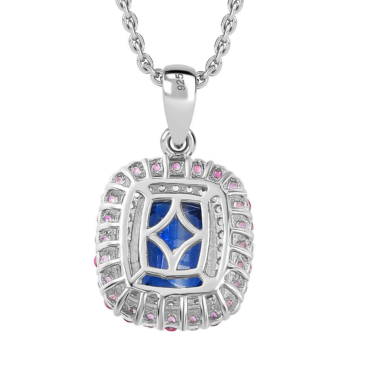 The Rare Find - Natural Kashmir Kyanite, Pink Sapphire and White Zircon Double Halo Pendant with Chain (Size 20) in Platinum Overlay Sterling Silver 0.76 ct  Silver Wt. 5.1 Gms  3.510  Ct. 4270064 4