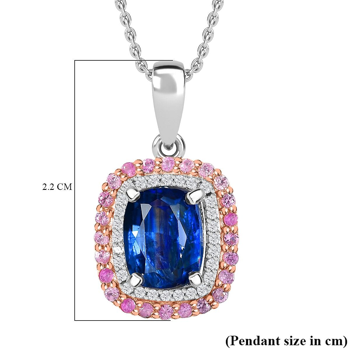 The Rare Find - Natural Kashmir Kyanite, Pink Sapphire and White Zircon Double Halo Pendant with Chain (Size 20) in Platinum Overlay Sterling Silver 0.76 ct  Silver Wt. 5.1 Gms  3.510  Ct. 4270064 5