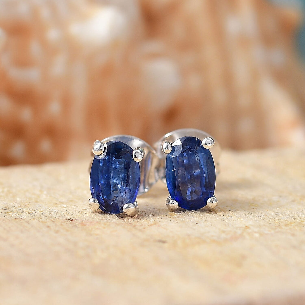 AAA Natural Kashmir Kyanite Solitaire Stud Push Post Earring with Push Back in Rhodium Overlay Sterling Silver 1.24 Ct.