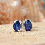 AAA Natural Kashmir Kyanite Solitaire Stud Push Post Earring with Push Back in Rhodium Overlay Sterling Silver 1.24 Ct.