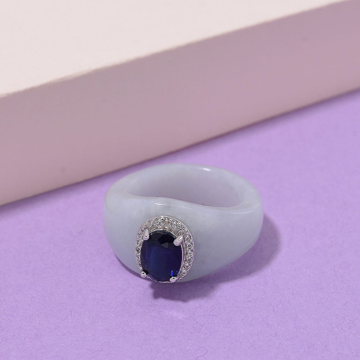Kyanite, White Jade &amp; White Zircon Ring in Rhodium Overlay Sterling Silver 25.61 Ct. 8062418 2